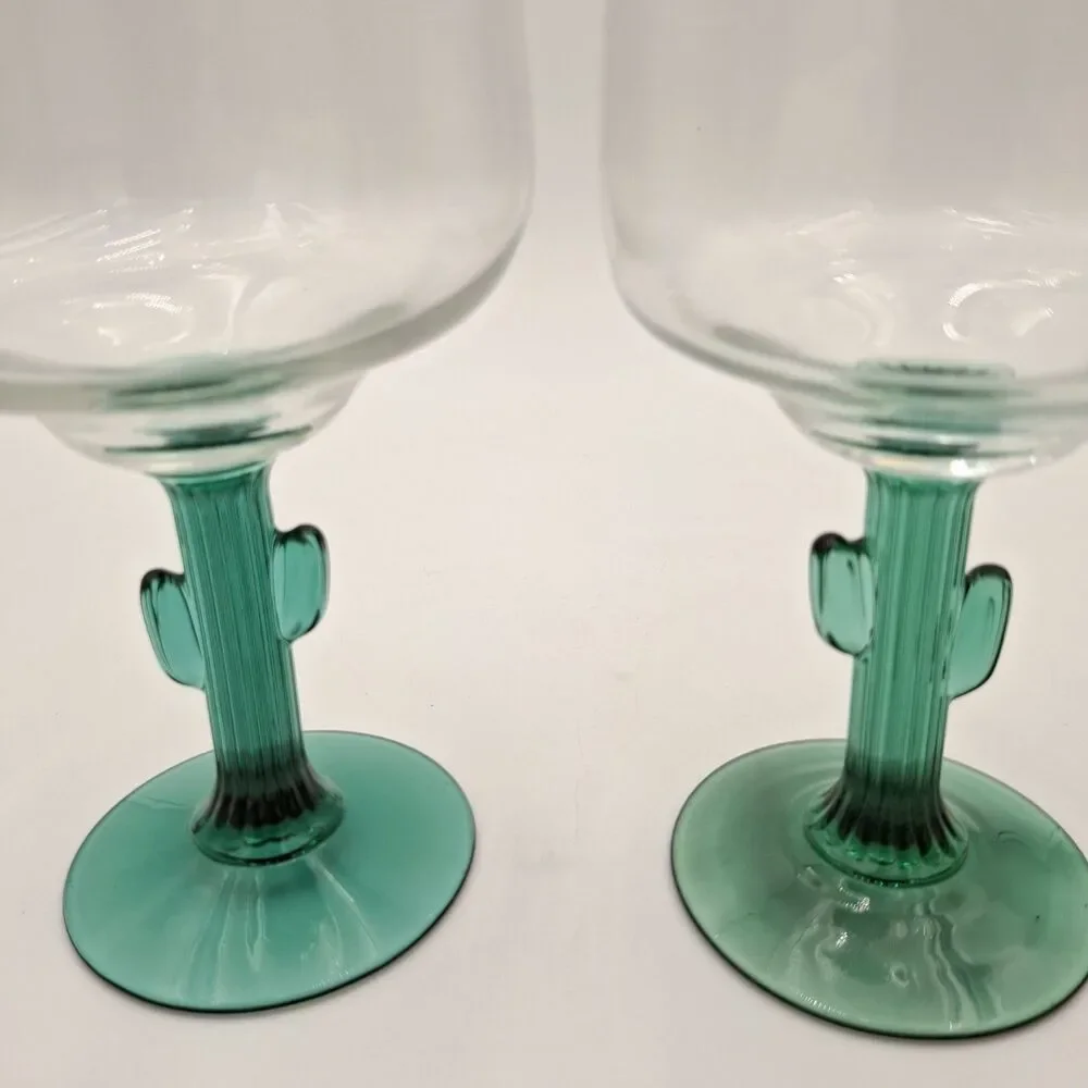 Libbey Margarita Cactus Stem Glasses, Green, Southwestern Fiesta Mixed Set of 2